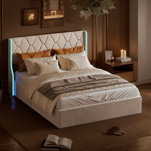 Cama 160x200cm, LED, cama de casal, cama funcional, cama box spring, cama jovem, bege