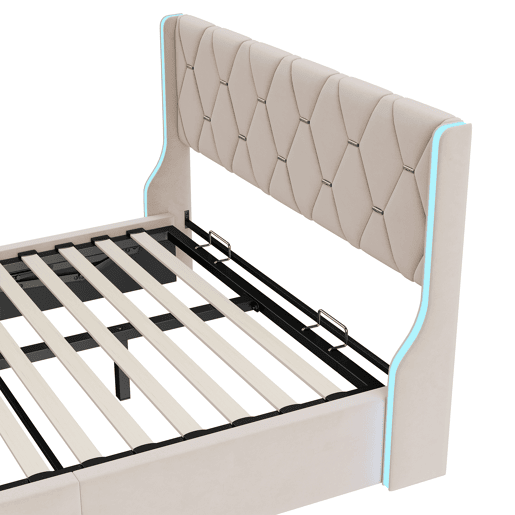 Cama 160x200cm, LED, cama de casal, cama funcional, cama box spring, cama jovem, bege