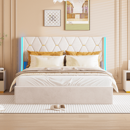 Cama 160x200cm, LED, cama de casal, cama funcional, cama box spring, cama jovem, bege