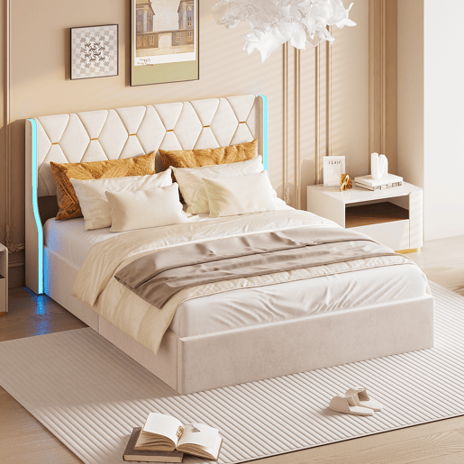 Cama 160x200cm, LED, cama de casal, cama funcional, cama box spring, cama jovem, bege