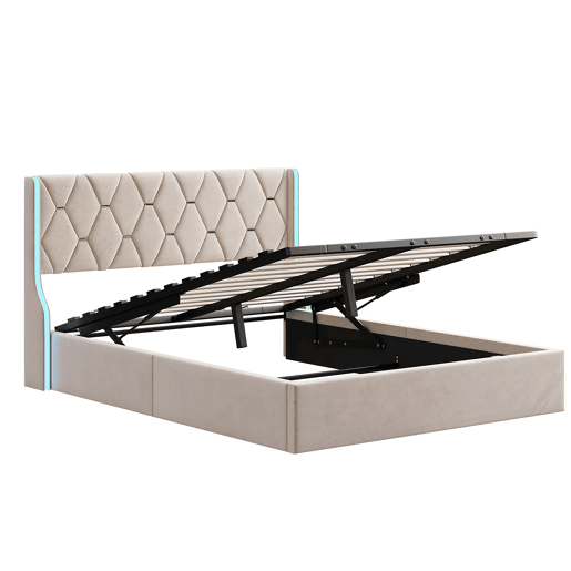 Cama 160x200cm, LED, cama de casal, cama funcional, cama box spring, cama jovem, bege