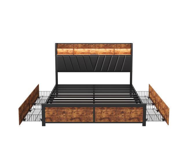 Cama 180x200cm, led, usb, enchufe, 4 cajones, cama con almacenaje, cama de madera maciza, cama juvenil, cama doble