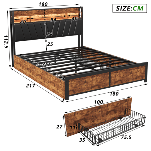 Cama 180x200cm, LED, USB, tomada, 4 gavetas, cama com arrumação, cama em madeira maciça, cama de adolescente, cama de casal Cama 180x200cm, LED, USB, tomada, 4 gavetas, cama com arrumação, cama em madeira maciça, cama de adolescente, cama de casal