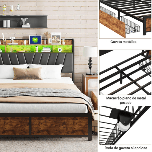 Cama 180x200cm, LED, USB, tomada, 4 gavetas, cama com arrumação, cama em madeira maciça, cama de adolescente, cama de casal Cama 180x200cm, LED, USB, tomada, 4 gavetas, cama com arrumação, cama em madeira maciça, cama de adolescente, cama de casal
