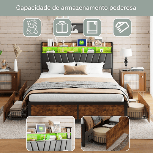 Cama 180x200cm, LED, USB, tomada, 4 gavetas, cama com arrumação, cama em madeira maciça, cama de adolescente, cama de casal Cama 180x200cm, LED, USB, tomada, 4 gavetas, cama com arrumação, cama em madeira maciça, cama de adolescente, cama de casal