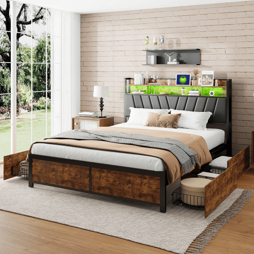Cama 180x200cm, LED, USB, tomada, 4 gavetas, cama com arrumação, cama em madeira maciça, cama de adolescente, cama de casal Cama 180x200cm, LED, USB, tomada, 4 gavetas, cama com arrumação, cama em madeira maciça, cama de adolescente, cama de casal