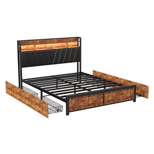 Cama 180x200cm, LED, USB, tomada, 4 gavetas, cama com arrumação, cama em madeira maciça, cama de adolescente, cama de casal Cama 180x200cm, LED, USB, tomada, 4 gavetas, cama com arrumação, cama em madeira maciça, cama de adolescente, cama de casal