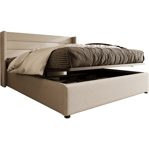 Cama estofada de 160x200 cm com baú, função hidráulica, cabeceira estofada com abas e costura decorativa, tecido de linho, bege Cama estofada de 160x200 cm com baú, função hidráulica, cabeceira estofada com abas e costura decorativa, tecido de linho, bege