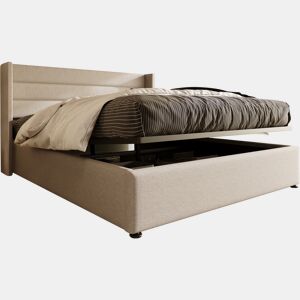 Cama estofada de 160x200 cm com baú, função hidráulica, cabeceira estofada com abas e costura decorativa, tecido de linho, bege