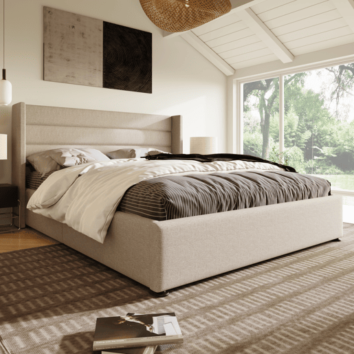 Cama estofada de 160x200 cm com baú, função hidráulica, cabeceira estofada com abas e costura decorativa, tecido de linho, bege Cama estofada de 160x200 cm com baú, função hidráulica, cabeceira estofada com abas e costura decorativa, tecido de linho, bege