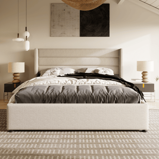 Cama estofada de 160x200 cm com baú, função hidráulica, cabeceira estofada com abas e costura decorativa, tecido de linho, bege Cama estofada de 160x200 cm com baú, função hidráulica, cabeceira estofada com abas e costura decorativa, tecido de linho, bege
