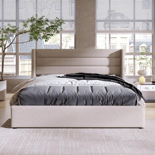 Cama estofada de 160x200 cm com baú, função hidráulica, cabeceira estofada com abas e costura decorativa, tecido de linho, bege Cama estofada de 160x200 cm com baú, função hidráulica, cabeceira estofada com abas e costura decorativa, tecido de linho, bege
