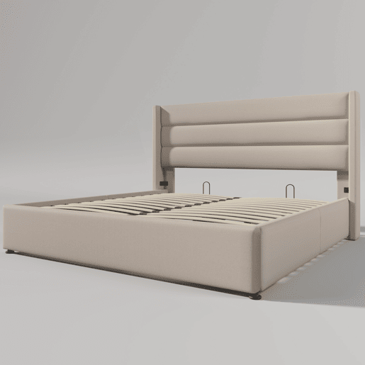 Cama estofada de 160x200 cm com baú, função hidráulica, cabeceira estofada com abas e costura decorativa, tecido de linho, bege Cama estofada de 160x200 cm com baú, função hidráulica, cabeceira estofada com abas e costura decorativa, tecido de linho, bege