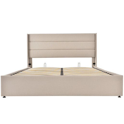 Cama estofada de 160x200 cm com baú, função hidráulica, cabeceira estofada com abas e costura decorativa, tecido de linho, bege Cama estofada de 160x200 cm com baú, função hidráulica, cabeceira estofada com abas e costura decorativa, tecido de linho, bege
