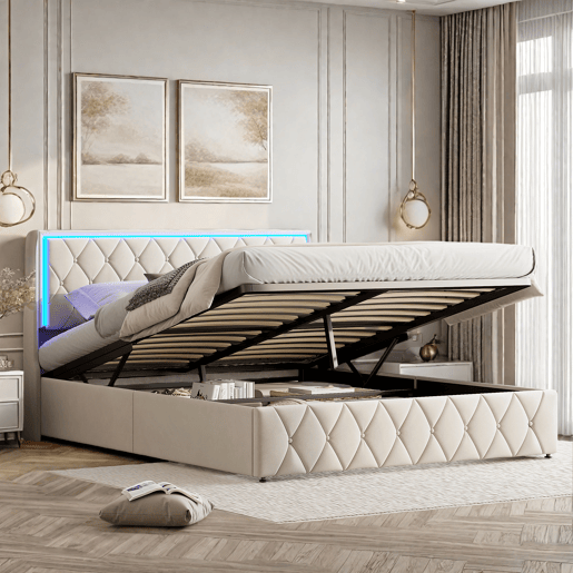 Cama 160x200cm, USBTipo C, Cama de casal, Cama funcional, Adolescente, Bege Cama 160x200cm, USBTipo C, Cama de casal, Cama funcional, Adolescente, Bege