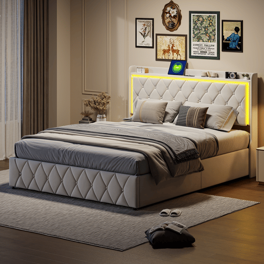 Cama 160x200cm, USBTipo C, Cama de casal, Cama funcional, Adolescente, Bege Cama 160x200cm, USBTipo C, Cama de casal, Cama funcional, Adolescente, Bege
