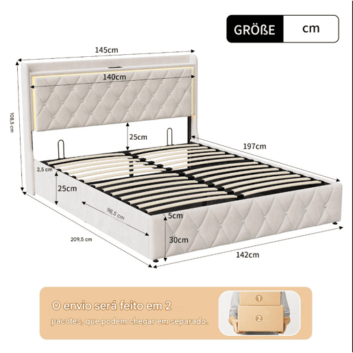 Cama 160x200cm, USBTipo C, Cama de casal, Cama funcional, Adolescente, Bege Cama 160x200cm, USBTipo C, Cama de casal, Cama funcional, Adolescente, Bege