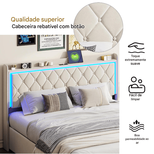 Cama 160x200cm, USBTipo C, Cama de casal, Cama funcional, Adolescente, Bege Cama 160x200cm, USBTipo C, Cama de casal, Cama funcional, Adolescente, Bege