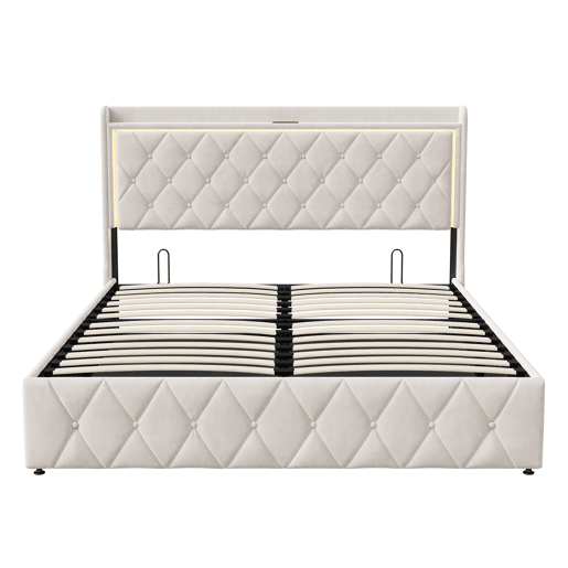 Cama 160x200cm, USBTipo C, Cama de casal, Cama funcional, Adolescente, Bege Cama 160x200cm, USBTipo C, Cama de casal, Cama funcional, Adolescente, Bege