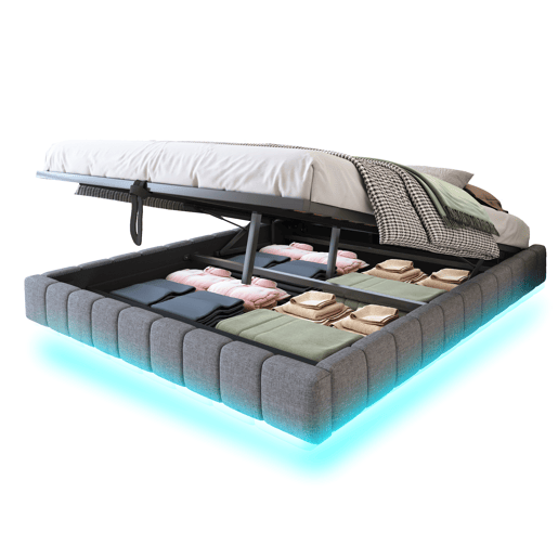 Cama de casal de linho 160x200 cm com armazenamento e luz led,cinza Cama de casal de linho 160x200 cm com armazenamento e luz led,cinza