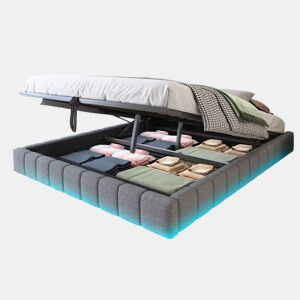 Cama de casal de linho 160x200 cm com armazenamento e luz led,cinza