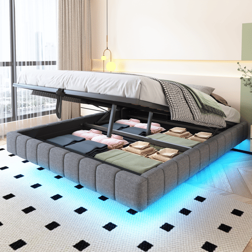 Cama de casal de linho 160x200 cm com armazenamento e luz led,cinza Cama de casal de linho 160x200 cm com armazenamento e luz led,cinza