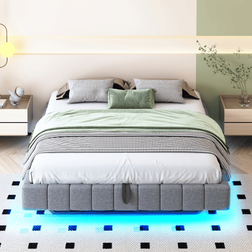 Cama de casal de linho 160x200 cm com armazenamento e luz led,cinza Cama de casal de linho 160x200 cm com armazenamento e luz led,cinza