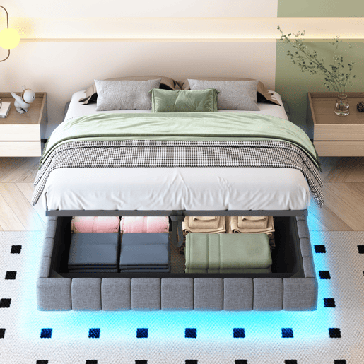 Cama de casal de linho 160x200 cm com armazenamento e luz led,cinza Cama de casal de linho 160x200 cm com armazenamento e luz led,cinza