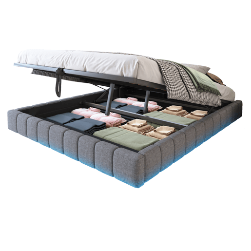 Cama de casal de linho 160x200 cm com armazenamento e luz led,cinza Cama de casal de linho 160x200 cm com armazenamento e luz led,cinza