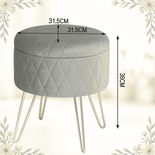 Banco com espaço de arrumação 31,5 x 31,5 x 36 cm - Design redondo, banco auxiliar multifuncional - Cinza claro