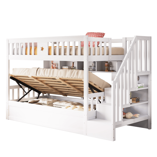 Beliche de madeira maciça 90x200 cm com armazenamento,branco Beliche de madeira maciça 90x200 cm com armazenamento,branco