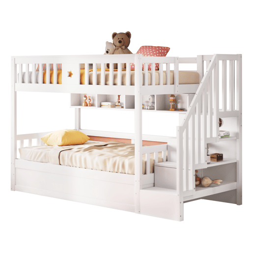 Beliche de madeira maciça 90x200 cm com armazenamento,branco Beliche de madeira maciça 90x200 cm com armazenamento,branco