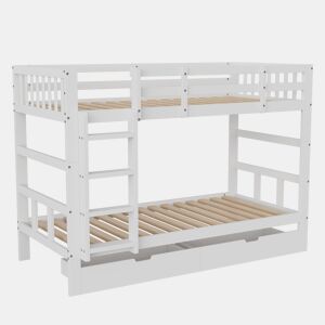 Beliche infantil 90x200 cm com escada, cama alta com grade de segurança, cama alta de madeira maciça com estrado de ripas para 2 crianças