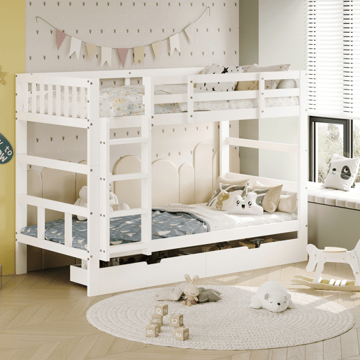 Beliche infantil 90x200 cm com escada, cama alta com grade de segurança, cama alta de madeira maciça com estrado de ripas para 2 crianças Beliche infantil 90x200 cm com escada, cama alta com grade de segurança, cama alta de madeira maciça com estrado de ripas para 2 crianças