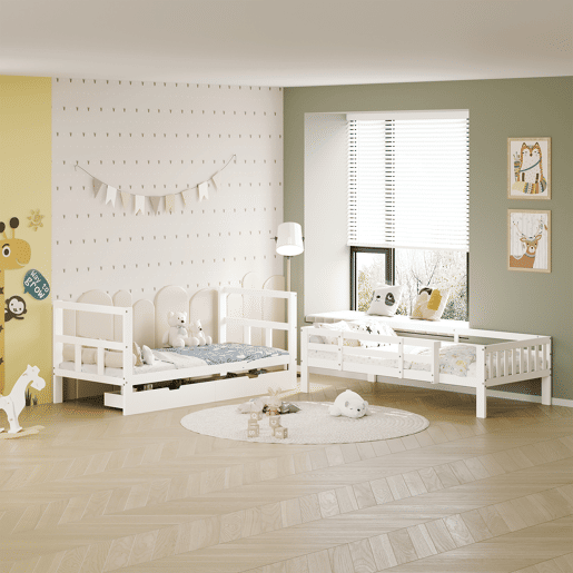 Beliche infantil 90x200 cm com escada, cama alta com grade de segurança, cama alta de madeira maciça com estrado de ripas para 2 crianças Beliche infantil 90x200 cm com escada, cama alta com grade de segurança, cama alta de madeira maciça com estrado de ripas para 2 crianças