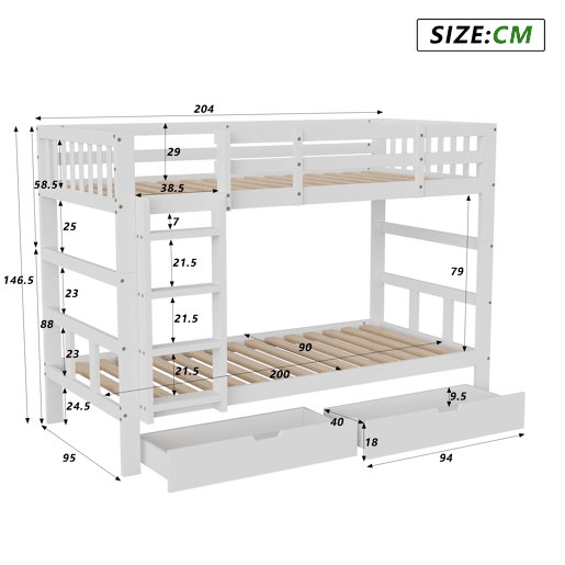 Beliche infantil 90x200 cm com escada, cama alta com grade de segurança, cama alta de madeira maciça com estrado de ripas para 2 crianças Beliche infantil 90x200 cm com escada, cama alta com grade de segurança, cama alta de madeira maciça com estrado de ripas para 2 crianças