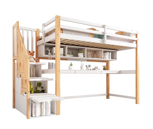 Cama infantil,cama alta de madera maciza 90x200 cm,blanco+natural