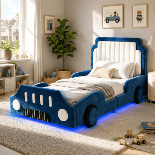Cama de criança,cama de solteiro de tecido 90x200 cm com luz led,azul Cama de criança,cama de solteiro de tecido 90x200 cm com luz led,azul