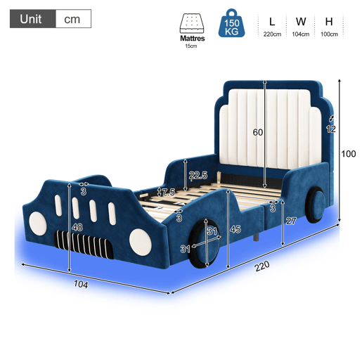 Cama de criança,cama de solteiro de tecido 90x200 cm com luz led,azul Cama de criança,cama de solteiro de tecido 90x200 cm com luz led,azul
