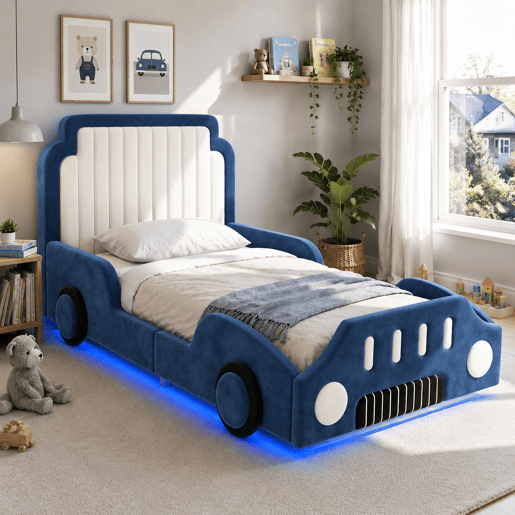 Cama de criança,cama de solteiro de tecido 90x200 cm com luz led,azul Cama de criança,cama de solteiro de tecido 90x200 cm com luz led,azul