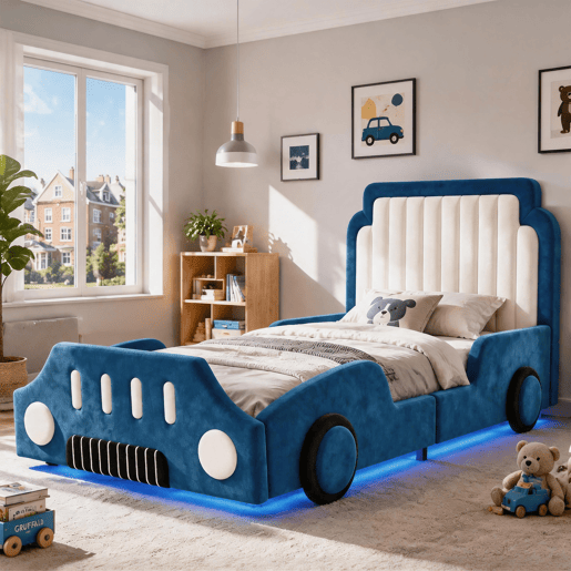 Cama de criança,cama de solteiro de tecido 90x200 cm com luz led,azul Cama de criança,cama de solteiro de tecido 90x200 cm com luz led,azul