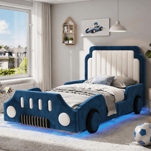 Cama de criança,cama de solteiro de tecido 90x200 cm com luz led,azul Cama de criança,cama de solteiro de tecido 90x200 cm com luz led,azul
