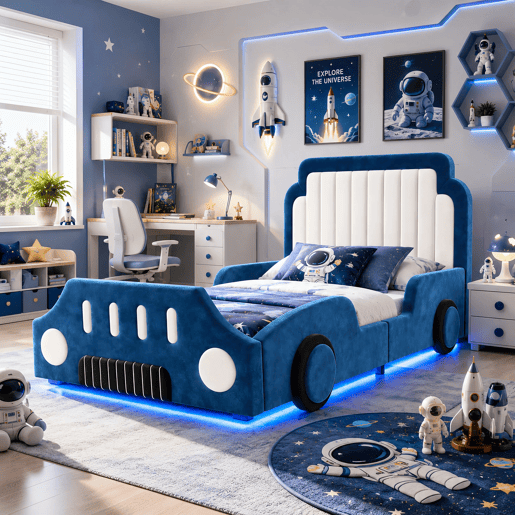 Cama de criança,cama de solteiro de tecido 90x200 cm com luz led,azul Cama de criança,cama de solteiro de tecido 90x200 cm com luz led,azul