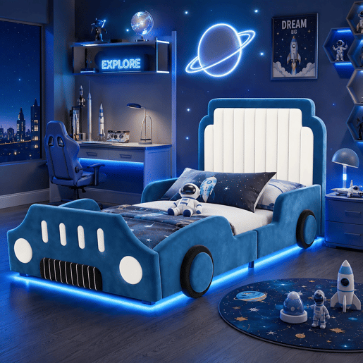 Cama de criança,cama de solteiro de tecido 90x200 cm com luz led,azul Cama de criança,cama de solteiro de tecido 90x200 cm com luz led,azul