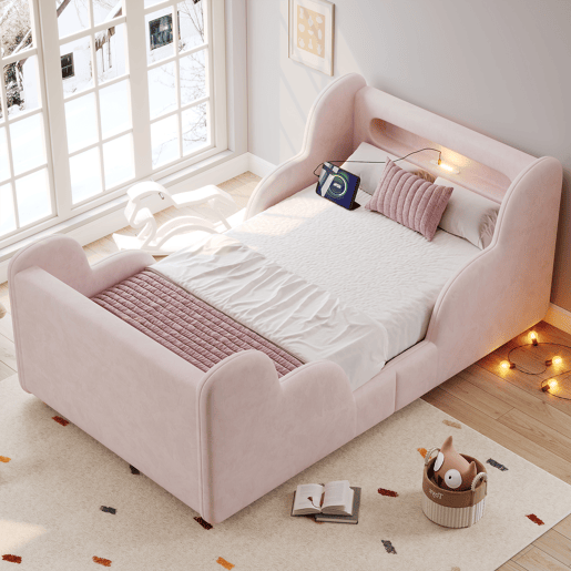 Cama de criança,cama de solteiro de veludo 90x200 cm,rosa