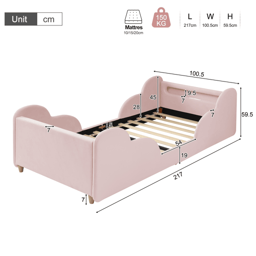 Cama de criança,cama de solteiro de veludo 90x200 cm,rosa