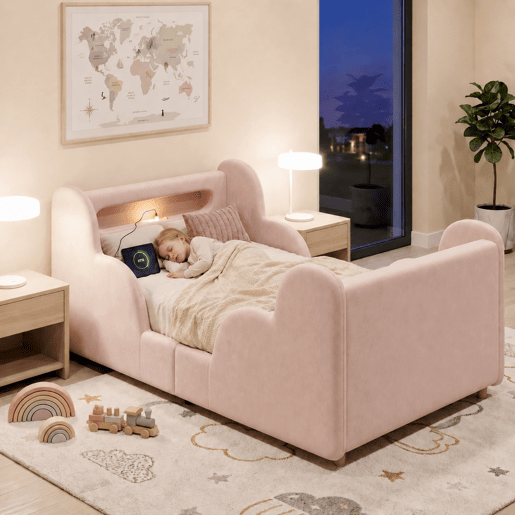 Cama de criança,cama de solteiro de veludo 90x200 cm,rosa