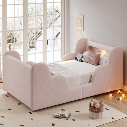 Cama de criança,cama de solteiro de veludo 90x200 cm,rosa
