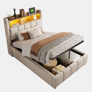 Cama de solteiro de linho 90x200 cm com armazenamento e luz led,bege