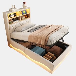 Cama de solteiro de linho 90x200 cm com armazenamento e luz led,bege